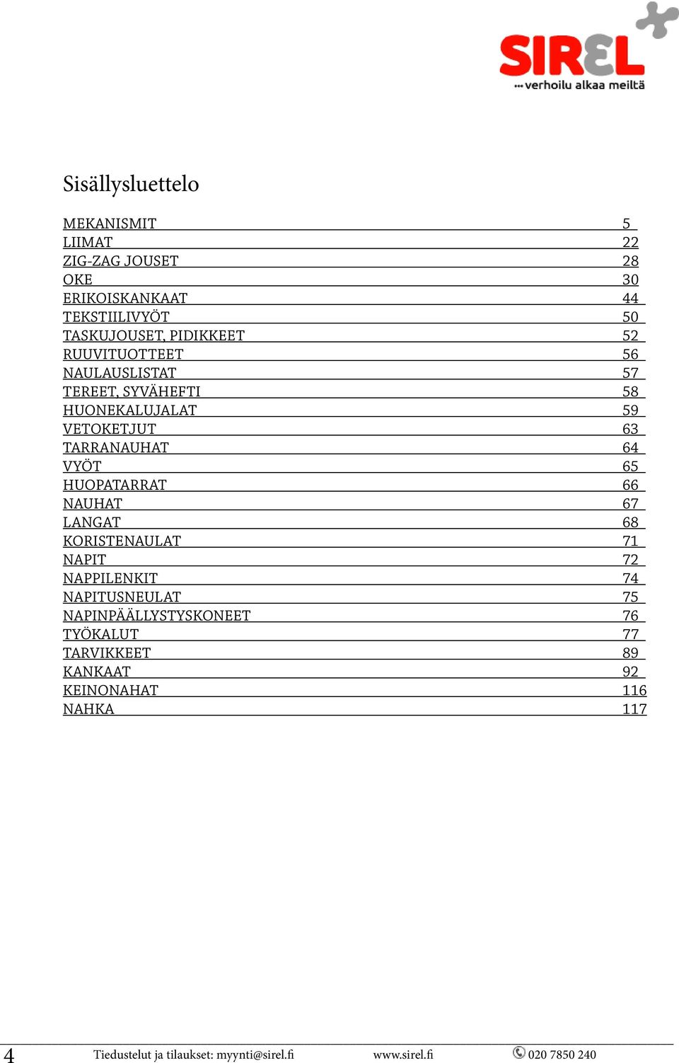 65 HUOPATARRAT 66 NAUHAT 67 LANGAT 68 KORISTENAULAT 71 NAPIT 72 NAPPILENKIT 74 NAPITUSNEULAT 75 NAPINPÄÄLLYSTYSKONEET 76