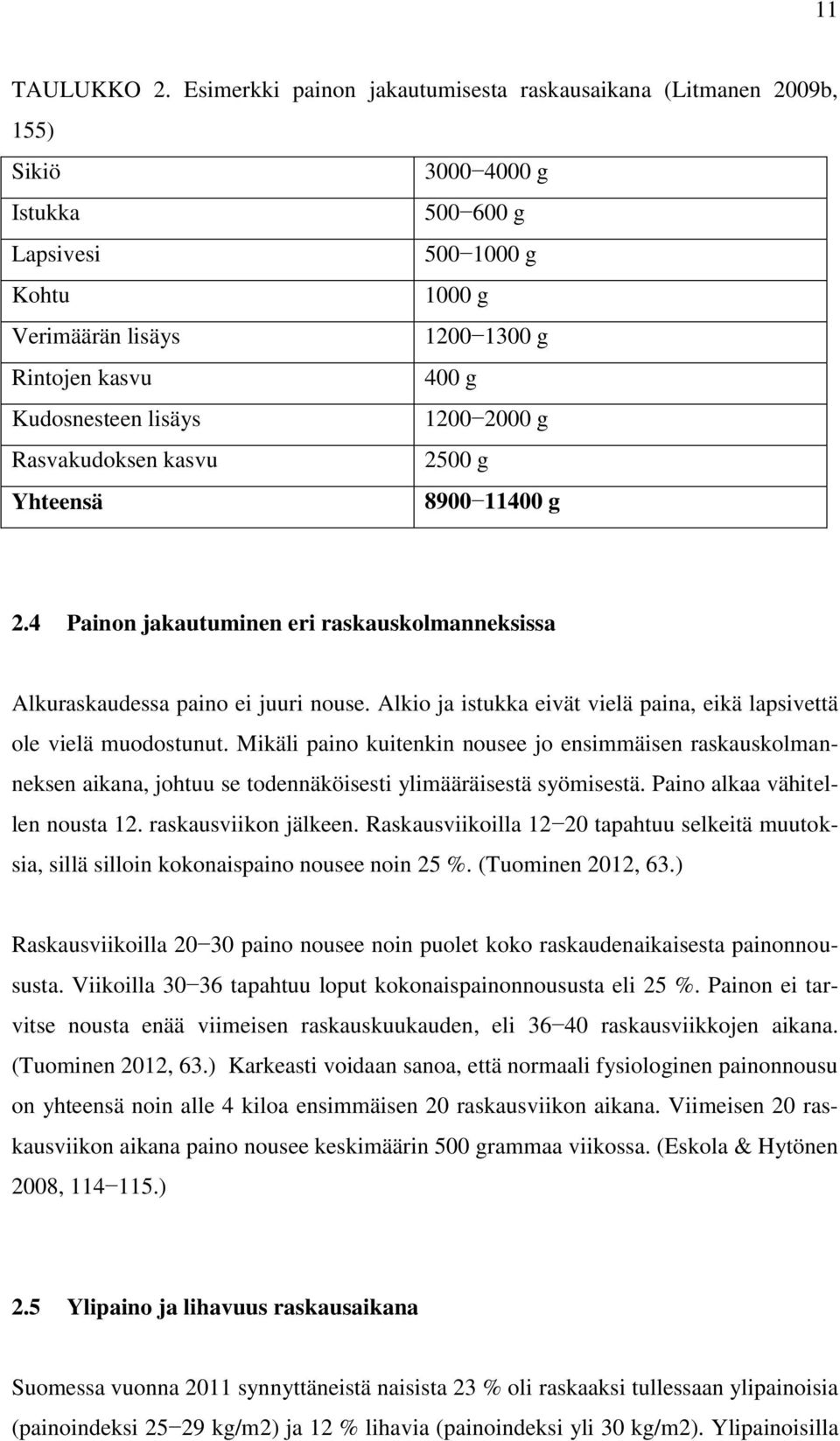 Kudosnesteen lisäys 1200 2000 g Rasvakudoksen kasvu 2500 g Yhteensä 8900 11400 g 2.4 Painon jakautuminen eri raskauskolmanneksissa Alkuraskaudessa paino ei juuri nouse.