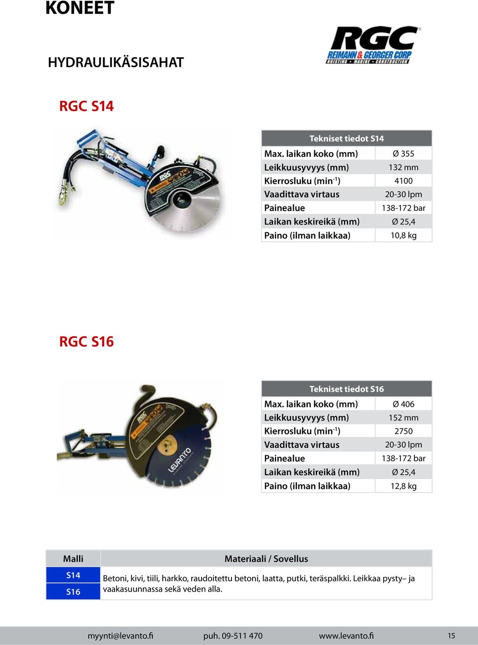 laikkaa) 10,8 kg RGC S16 Tekniset tiedot S16 Max.