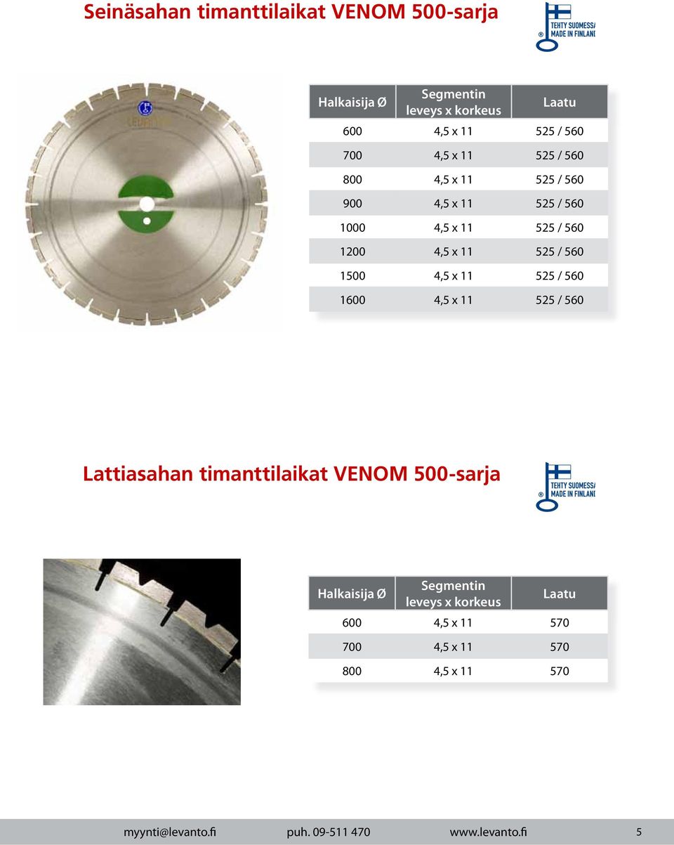 1500 4,5 x 11 525 / 560 1600 4,5 x 11 525 / 560 Lattiasahan timanttilaikat VENOM 500-sarja Segmentin leveys x