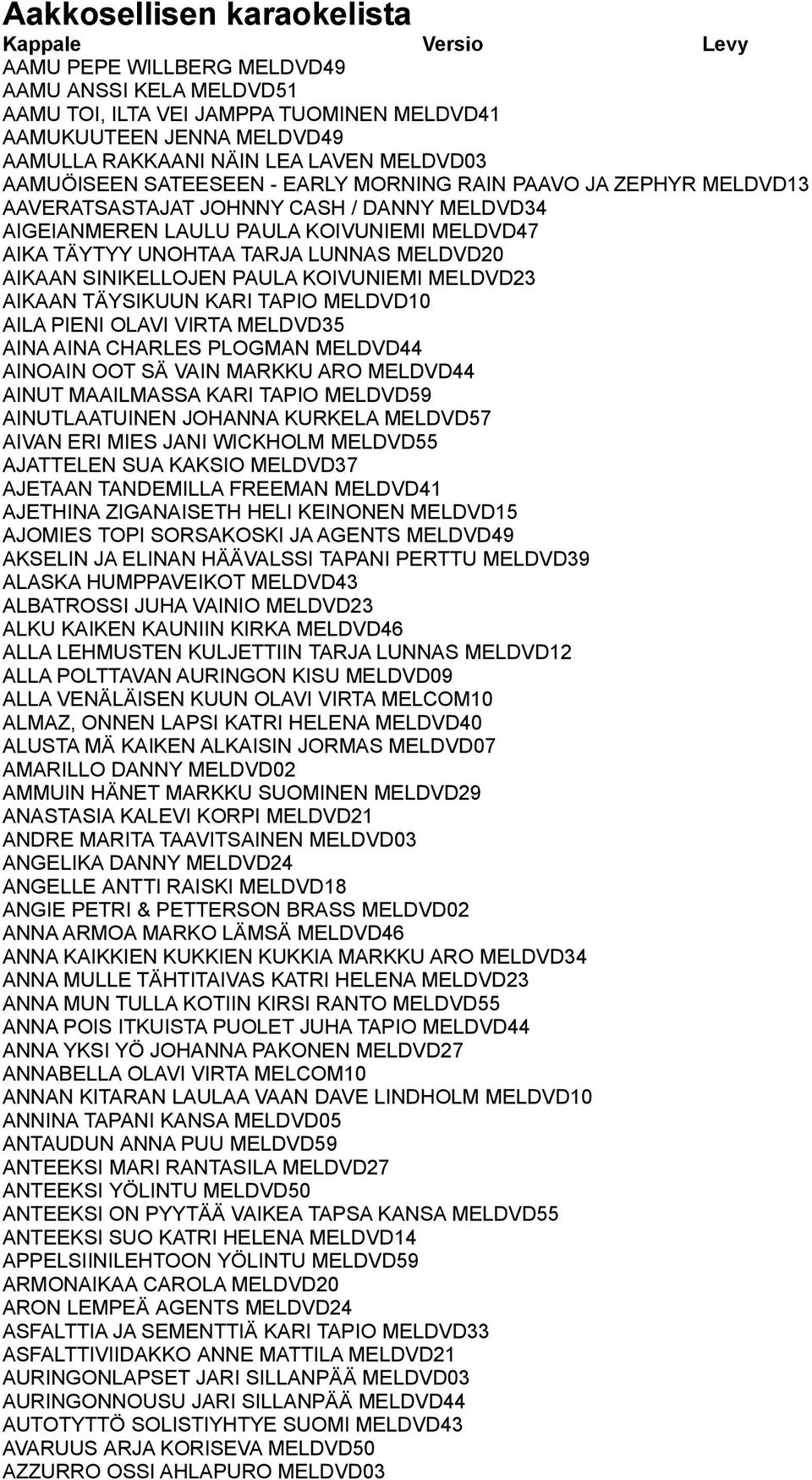 LUNNAS MELDVD20 AIKAAN SINIKELLOJEN PAULA KOIVUNIEMI MELDVD23 AIKAAN TÄYSIKUUN KARI TAPIO MELDVD10 AILA PIENI OLAVI VIRTA MELDVD35 AINA AINA CHARLES PLOGMAN MELDVD44 AINOAIN OOT SÄ VAIN MARKKU ARO