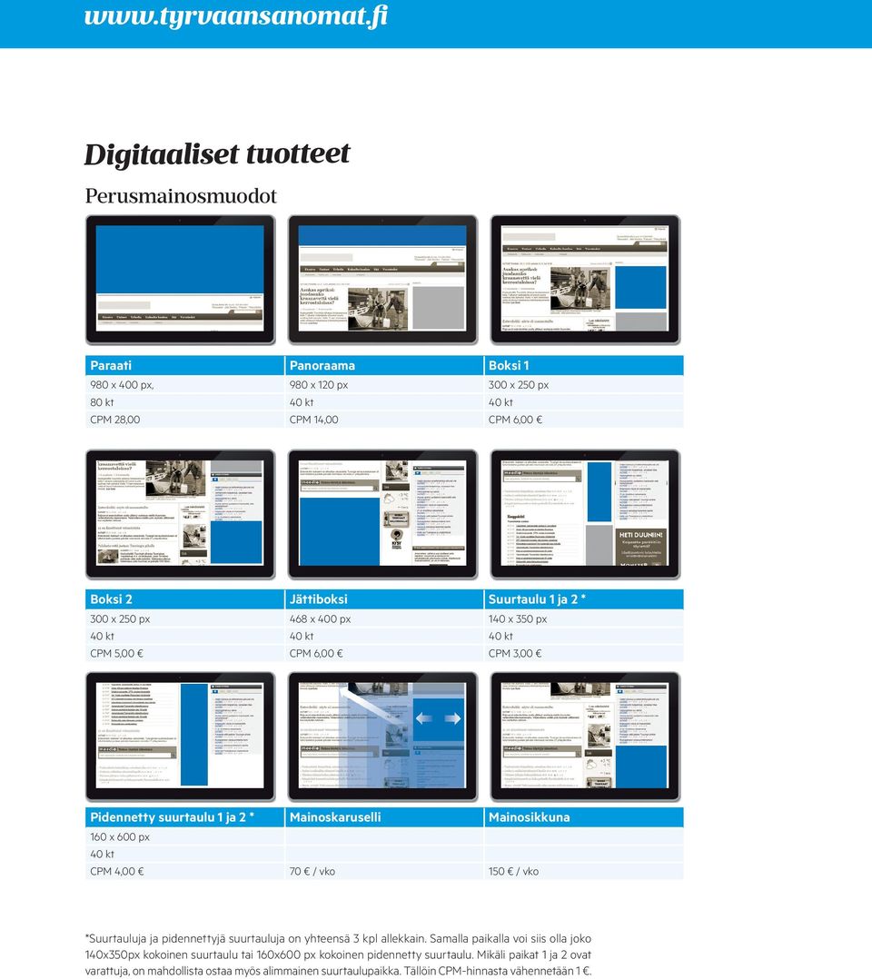 px 40 kt CPM 4,00 70 / vko 150 / vko *Suurtauluja ja pidennettyjä suurtauluja on yhteensä 3 kpl allekkain.