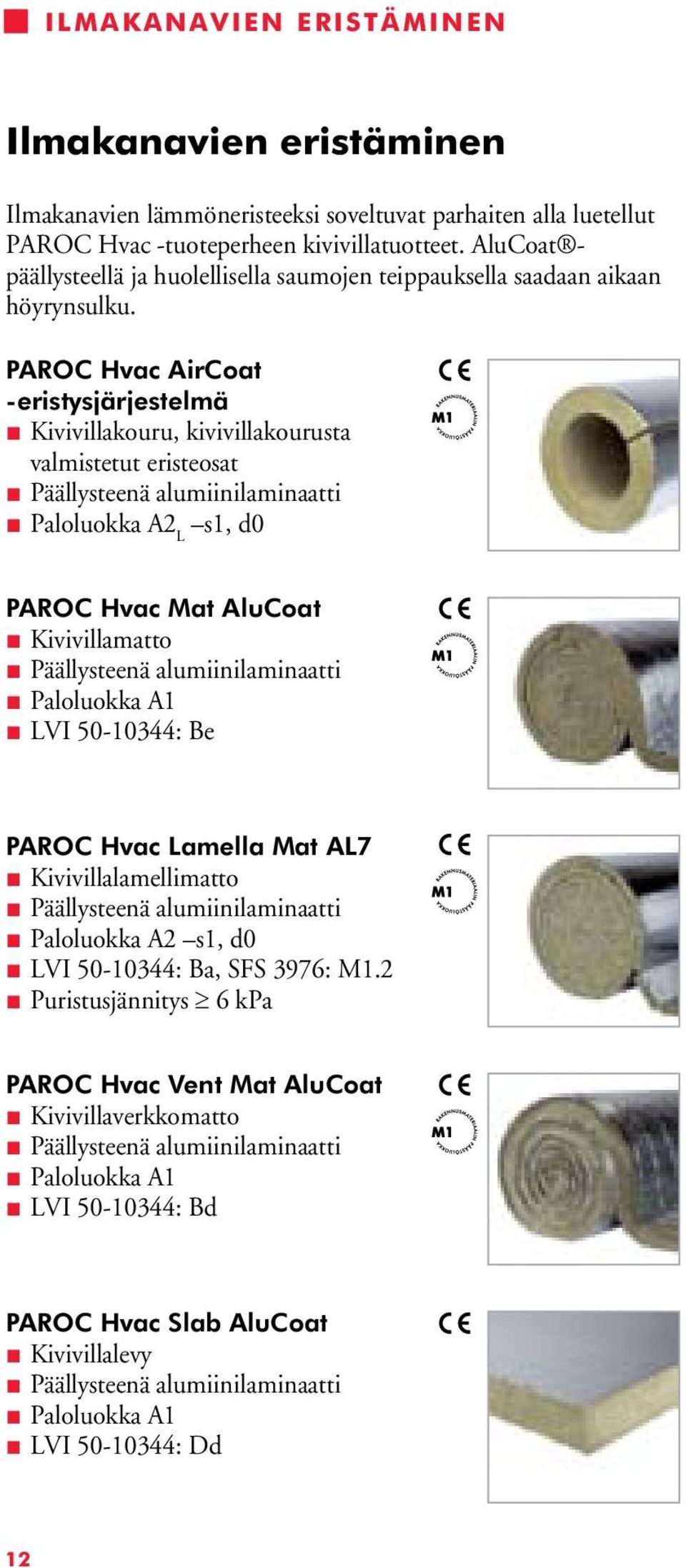 PAROC Hvac AirCoat -eristysjärjestelmä Kivivillakouru, kivivillakourusta valmistetut eristeosat Päällysteenä alumiinilaminaatti Paloluokka A2 L s1, d0 PAROC Hvac Mat AluCoat Kivivillamatto