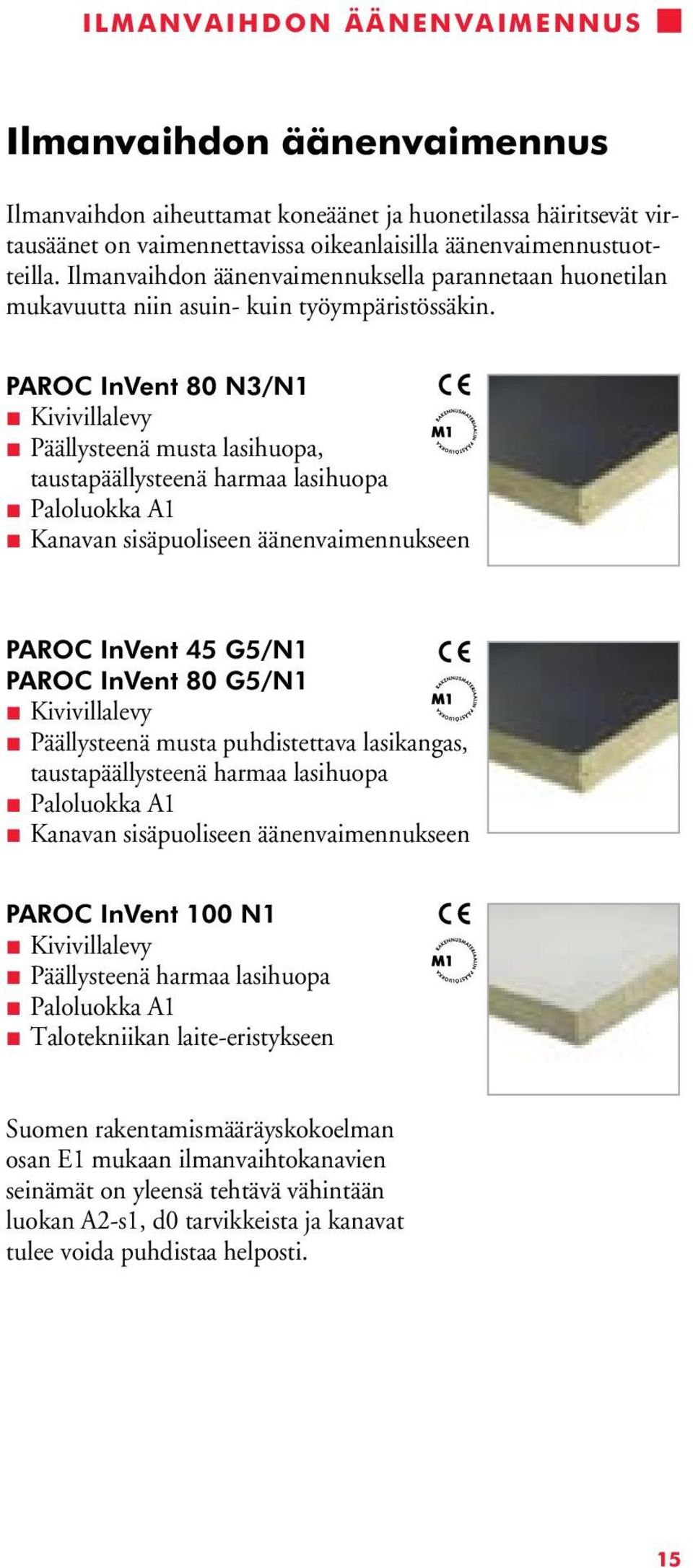 PAROC InVent 80 N3/N1 Kivivillalevy Päällysteenä musta lasihuopa, taustapäällysteenä harmaa lasihuopa Paloluokka A1 Kanavan sisäpuoliseen äänenvaimennukseen PAROC InVent 45 G5/N1 PAROC InVent 80
