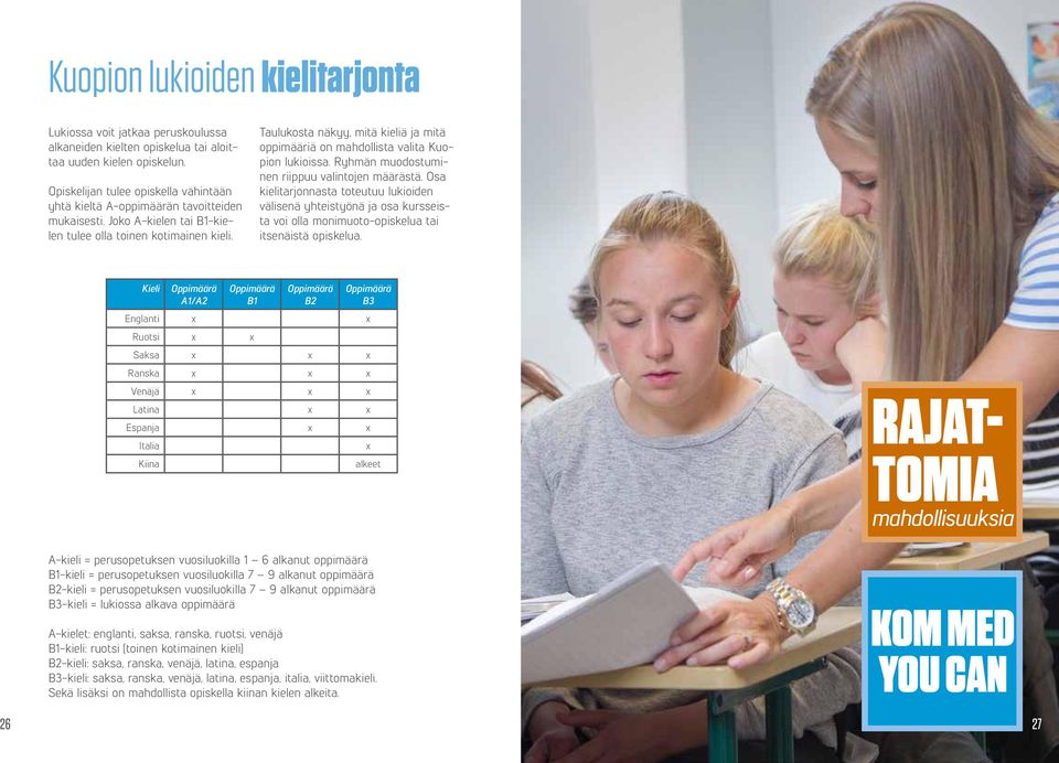 Taulukosta näkyy, mitä kieliä ja mitä oppimääriä on mahdollista valita Kuopion lukioissa. Ryhmän muodostuminen riippuu valintojen määrästä.