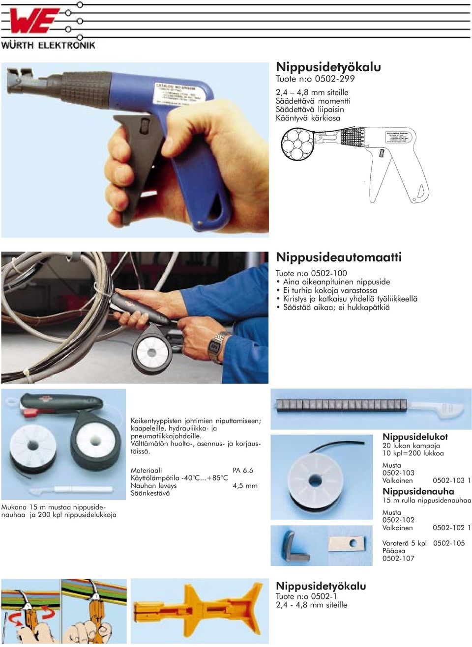 hydrauliikka- ja pneumatiikkajohdoille. Välttämätön huolto-, asennus- ja korjaustöissä. Materiaali PA 6.6 Käyttölämpötila -40 C.