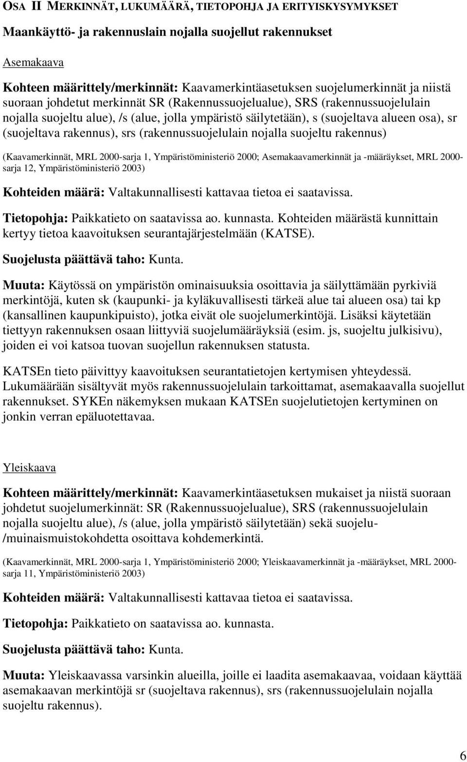 rakennus), srs (rakennussuojelulain nojalla suojeltu rakennus) (Kaavamerkinnät, MRL 2000-sarja 1, Ympäristöministeriö 2000; Asemakaavamerkinnät ja -määräykset, MRL 2000- sarja 12, Ympäristöministeriö