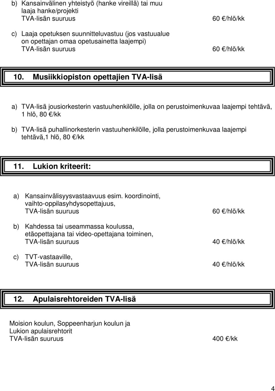 vastuuhenkilölle, jolla perustoimenkuvaa laajempi tehtävä,1 hlö, 80 /kk 11. Lukion kriteerit: a) Kansainvälisyysvastaavuus esim.