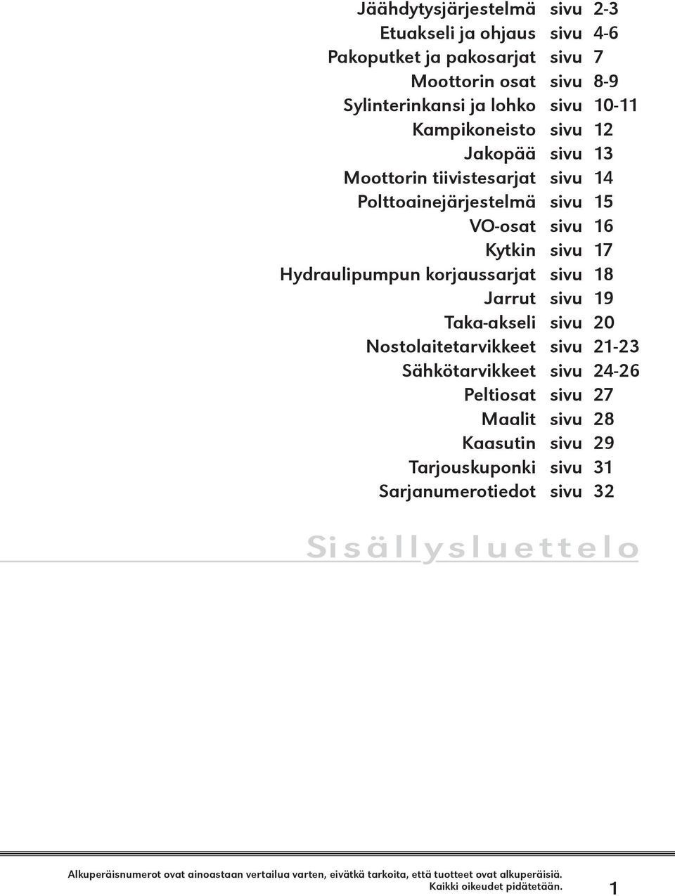 5 VO-osat sivu 6 Kytkin sivu 7 Hydraulipumpun korjaussarjat sivu 8 Jarrut sivu 9 Taka-akseli sivu 0 Nostolaitetarvikkeet sivu