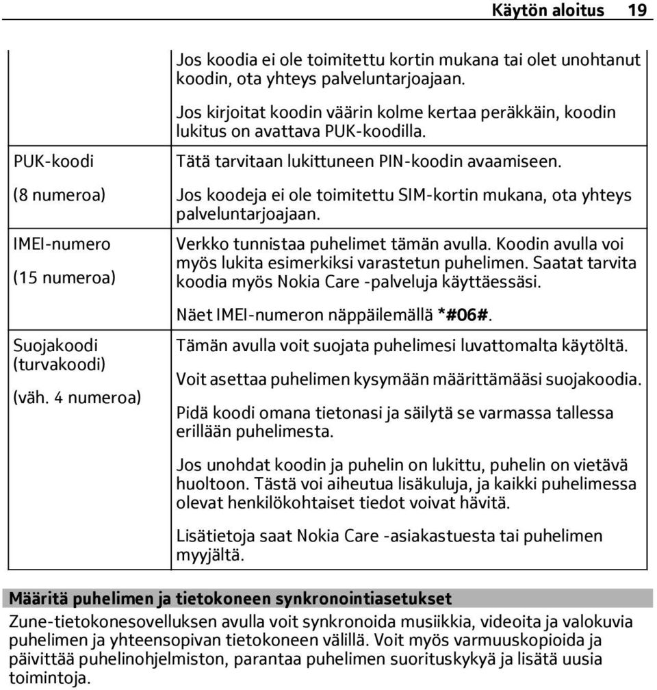 Jos koodeja ei ole toimitettu SIM-kortin mukana, ota yhteys palveluntarjoajaan. Verkko tunnistaa puhelimet tämän avulla. Koodin avulla voi myös lukita esimerkiksi varastetun puhelimen.