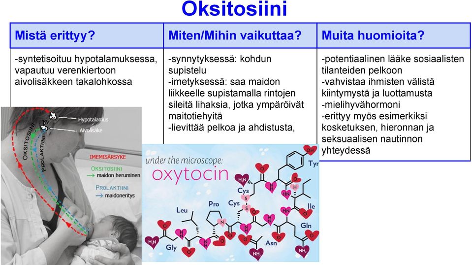 -lievittää pelkoa ja ahdistusta, -potentiaalinen lääke sosiaalisten tilanteiden pelkoon -vahvistaa ihmisten välistä