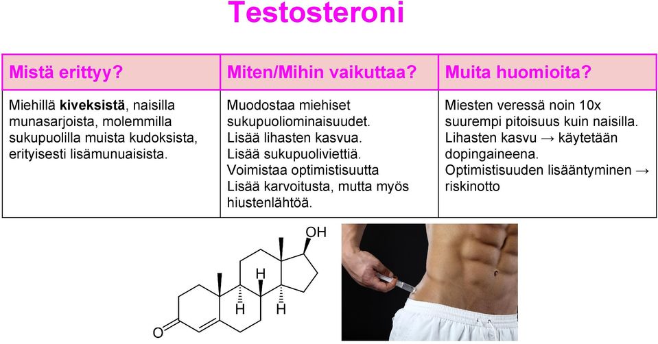 Lisää sukupuoliviettiä. Voimistaa optimistisuutta Lisää karvoitusta, mutta myös hiustenlähtöä.