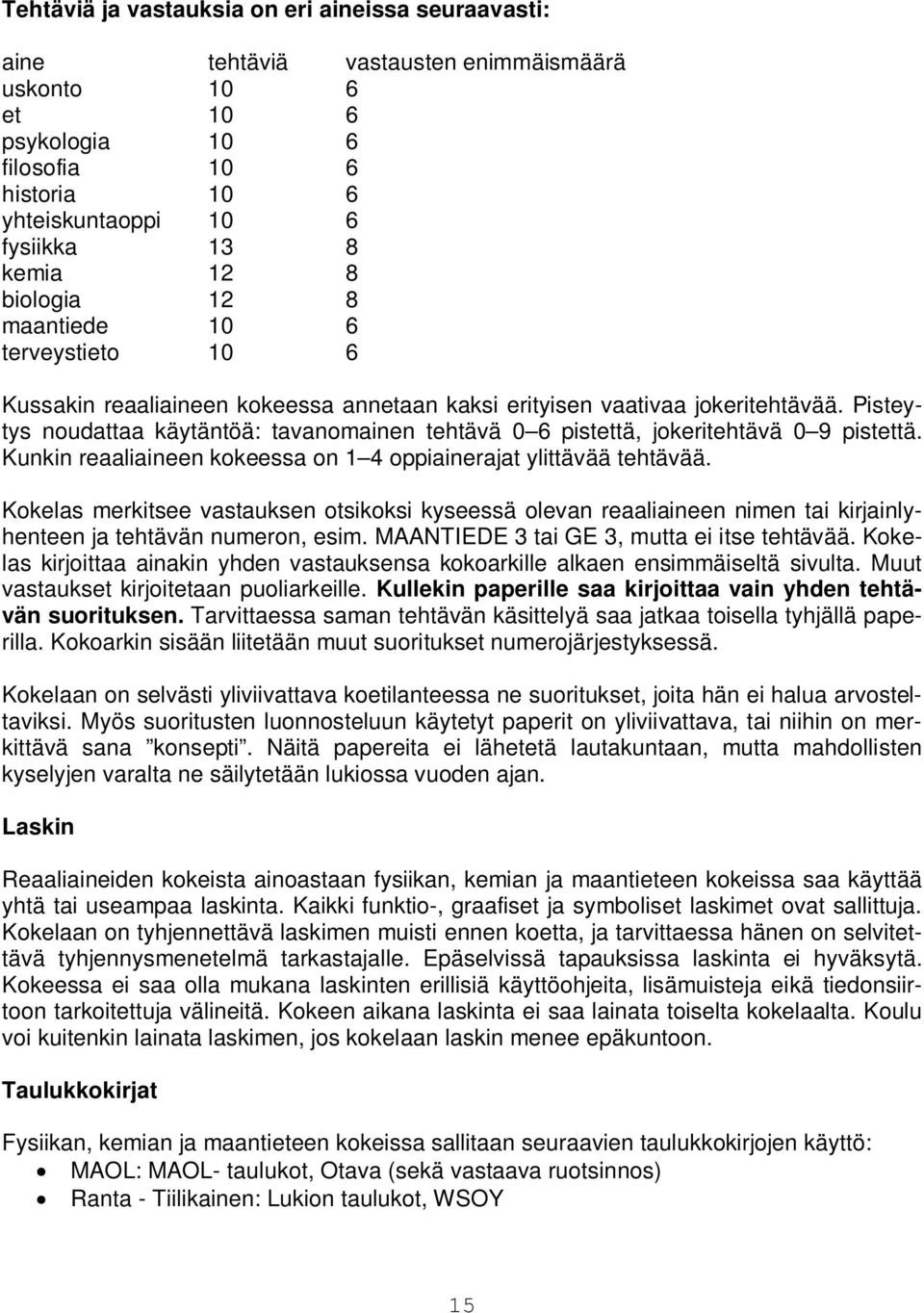 Pisteytys noudattaa käytäntöä: tavanomainen tehtävä 0 6 pistettä, jokeritehtävä 0 9 pistettä. Kunkin reaaliaineen kokeessa on 1 4 oppiainerajat ylittävää tehtävää.