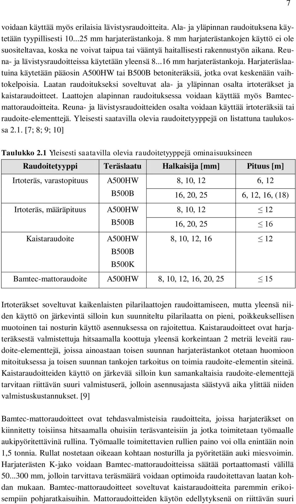 Harjateräslaatuina käytetään pääosin A500HW tai B500B betoniteräksiä, jotka ovat keskenään vaihtokelpoisia. Laatan raudoitukseksi soveltuvat ala- ja yläpinnan osalta irtoteräkset ja kaistaraudoitteet.