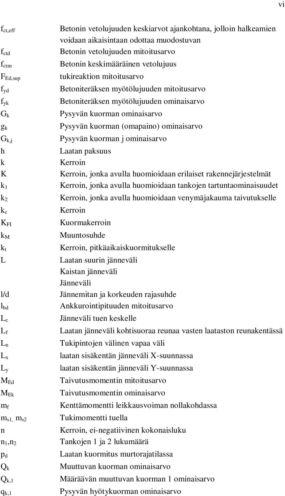 myötölujuuden mitoitusarvo Betoniteräksen myötölujuuden ominaisarvo Pysyvän kuorman ominaisarvo Pysyvän kuorman (omapaino) ominaisarvo Pysyvän kuorman j ominaisarvo Laatan paksuus Kerroin Kerroin,