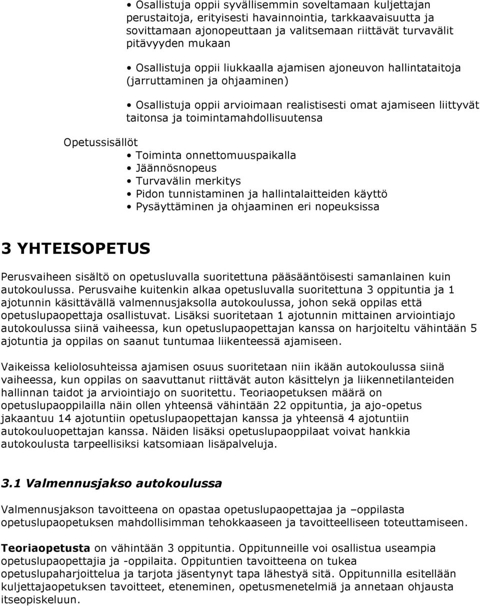 Opetussisällöt Toiminta onnettomuuspaikalla Jäännösnopeus Turvavälin merkitys Pidon tunnistaminen ja hallintalaitteiden käyttö Pysäyttäminen ja ohjaaminen eri nopeuksissa 3 YHTEISOPETUS Perusvaiheen