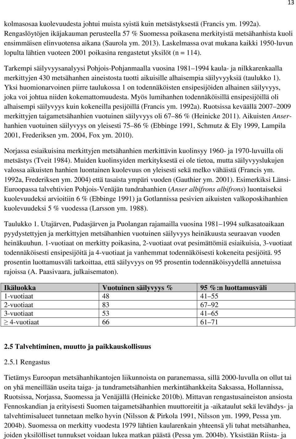 Laskelmassa ovat mukana kaikki 1950-luvun lopulta lähtien vuoteen 2001 poikasina rengastetut yksilöt (n = 114).