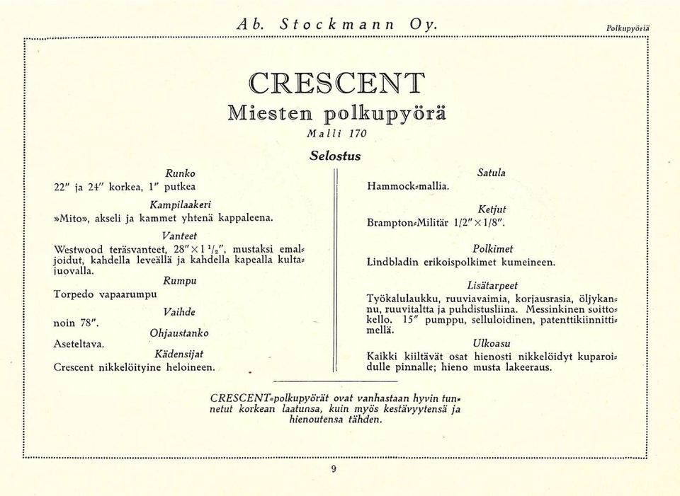 Kädensijat Crescent nikkelöityine heloineen. CRESCENT Miesten polkupyörä Malli 170 Selostus Hammocksmallia.