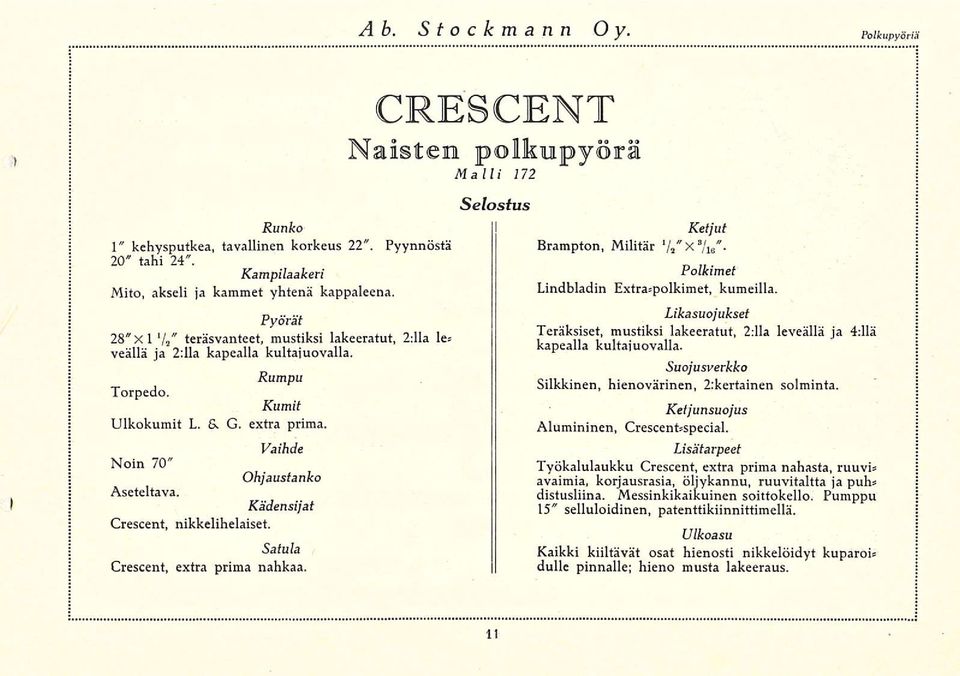 Kädensijat Crescent, nikkelihelaiset. Satula Crescent, extra prima nahkaa. CRESCENT Naisten polkupyörä Malli 172 Selostus Ketjut Brampton, Militär i / i"x.
