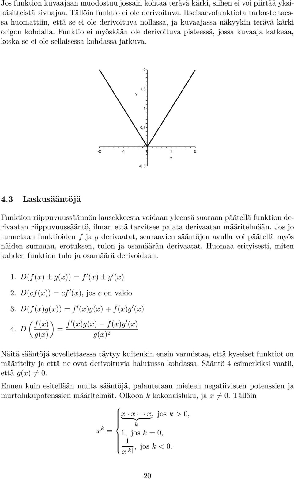 Funktio ei myöskään ole derivoituva pisteessä, jossa kuvaaja katkeaa, koska se ei ole sellaisessa kohdassa jatkuva. y,5,5 - - x -,5 4.