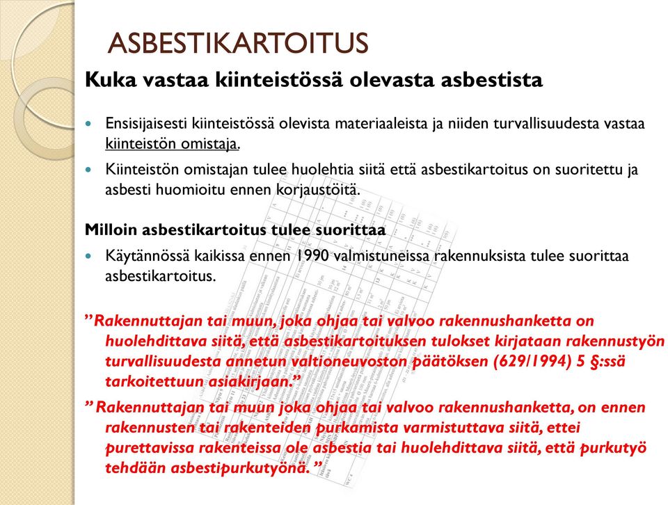 Milloin asbestikartoitus tulee suorittaa Käytännössä kaikissa ennen 1990 valmistuneissa rakennuksista tulee suorittaa asbestikartoitus.