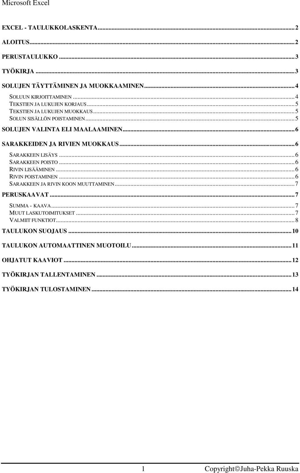 ..6 SARAKKEEN POISTO...6 RIVIN LISÄÄMINEN...6 RIVIN POISTAMINEN...6 SARAKKEEN JA RIVIN KOON MUUTTAMINEN...7 PERUSKAAVAT...7 SUMMA - KAAVA...7 MUUT LASKUTOIMITUKSET.