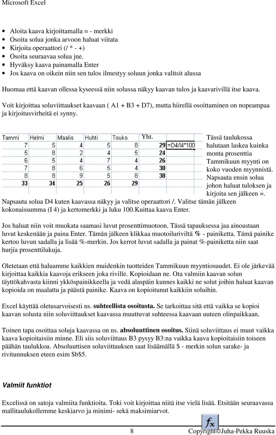 Voit kirjoittaa soluviittaukset kaavaan ( A1 + B3 + D7), mutta hiirellä osoittaminen on nopeampaa ja kirjoitusvirheitä ei synny. Yht.