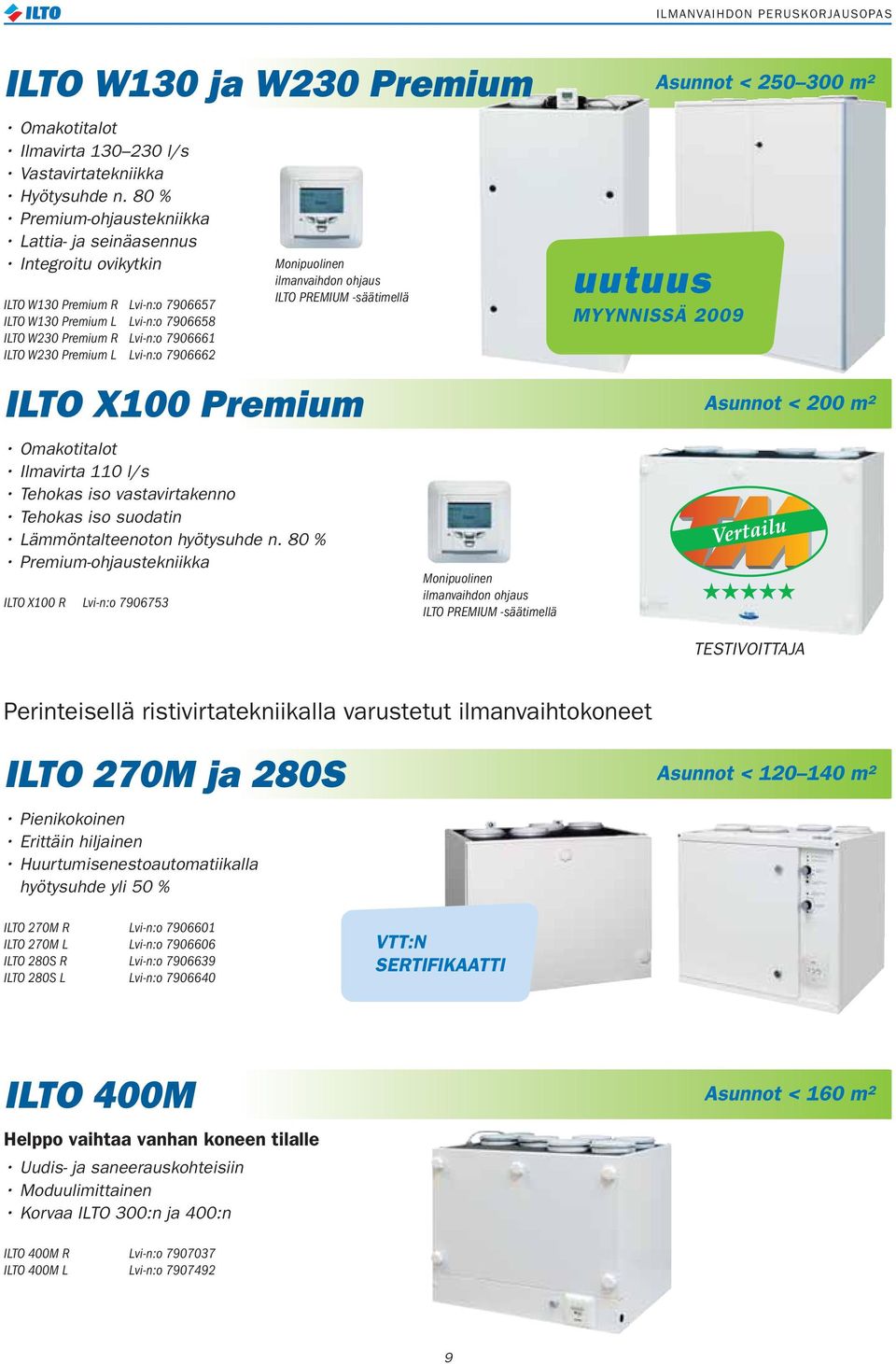 Lvi-n:o 7906662 Monipuolinen ilmanvaihdon ohjaus ILTO PREMIUM -säätimellä uutuus MYYNNISSÄ 2009 ILTO X100 Premium Asunnot < 200 m² Omakotitalot Ilmavirta 110 l/s Tehokas iso vastavirtakenno Tehokas