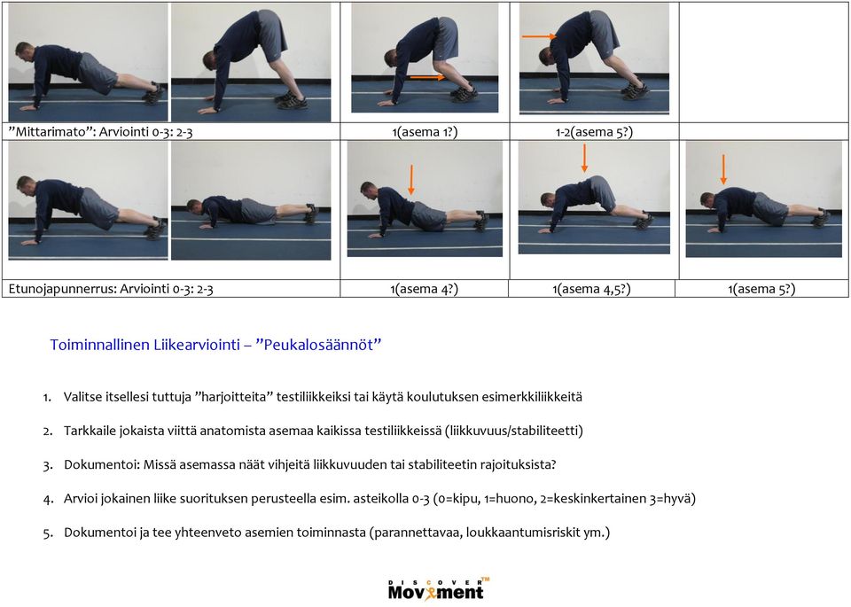Tarkkaile jokaista viittä anatomista asemaa kaikissa testiliikkeissä (liikkuvuus/stabiliteetti) 3.