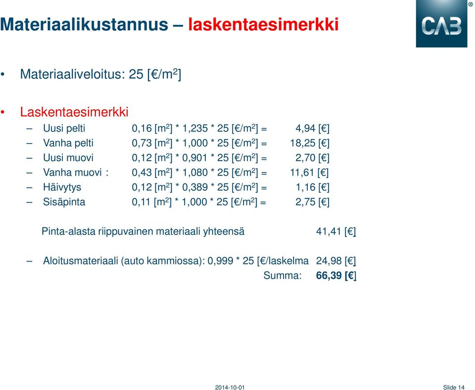 1,080 * 25 [ /m 2 ] = 11,61 [ ] Häivytys 0,12 [m 2 ] * 0,389 * 25 [ /m 2 ] = 1,16 [ ] Sisäpinta 0,11 [m 2 ] * 1,000 * 25 [ /m 2 ] = 2,75 [ ]