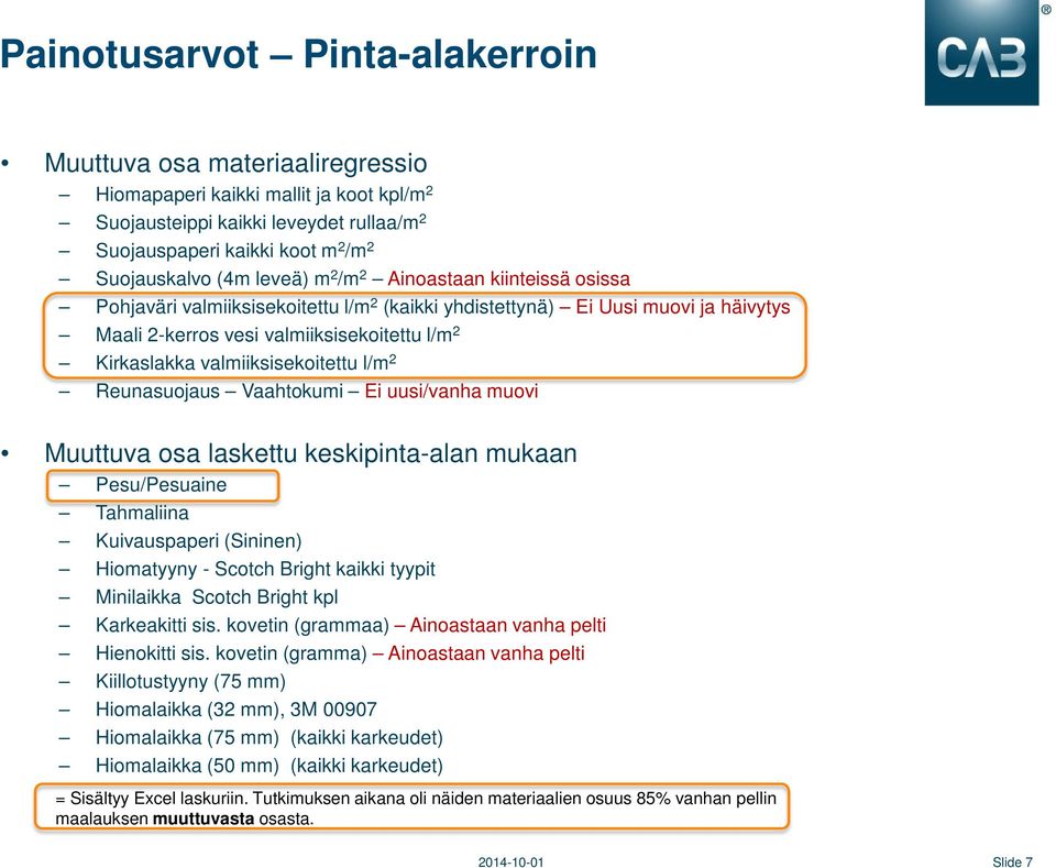 valmiiksisekoitettu l/m 2 Reunasuojaus Vaahtokumi Ei uusi/vanha muovi Muuttuva osa laskettu keskipinta-alan mukaan Pesu/Pesuaine Tahmaliina Kuivauspaperi (Sininen) Hiomatyyny - Scotch Bright kaikki