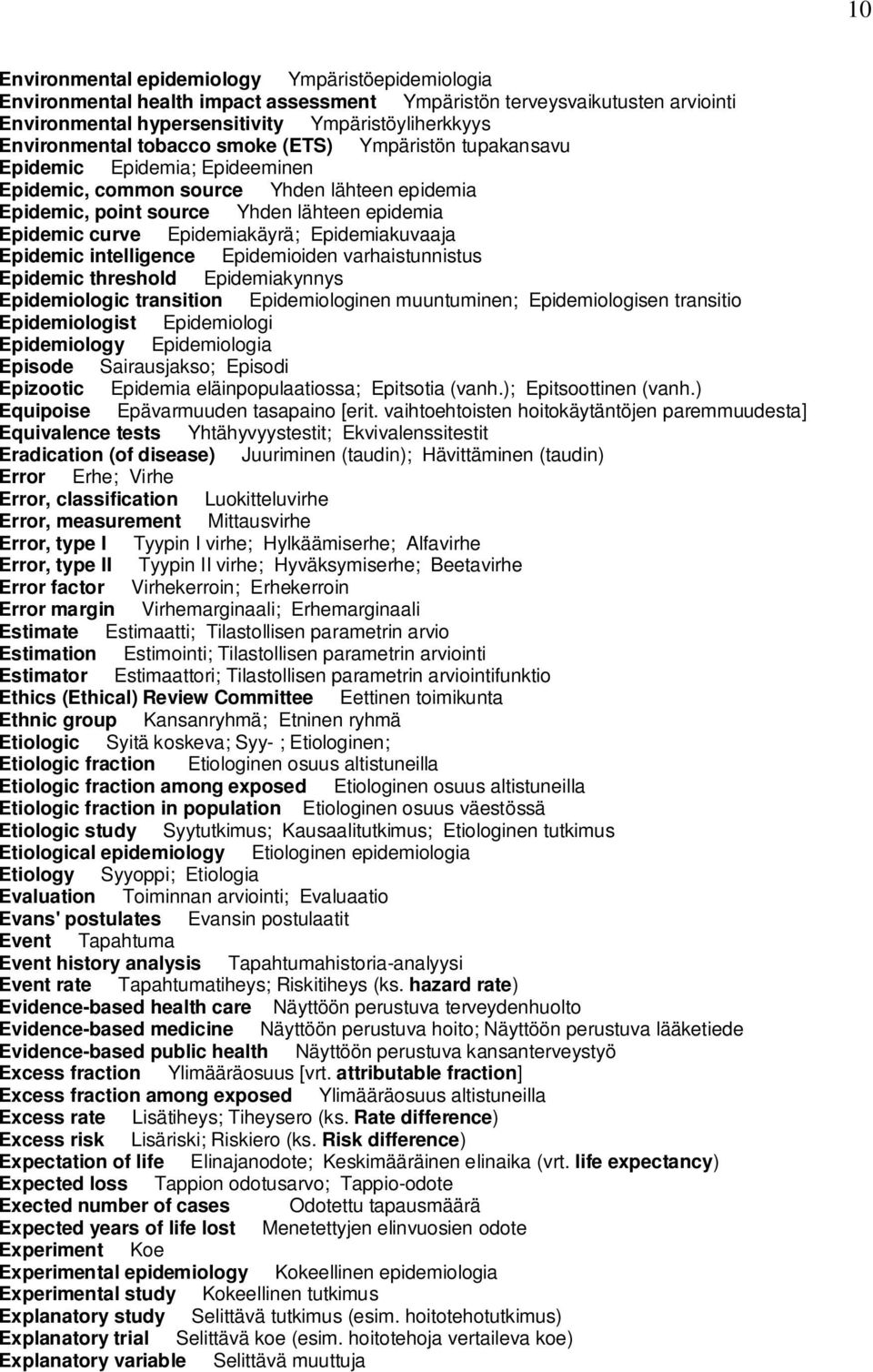 Epidemiakuvaaja Epidemic intelligence Epidemioiden varhaistunnistus Epidemic threshold Epidemiakynnys Epidemiologic transition Epidemiologinen muuntuminen; Epidemiologisen transitio Epidemiologist