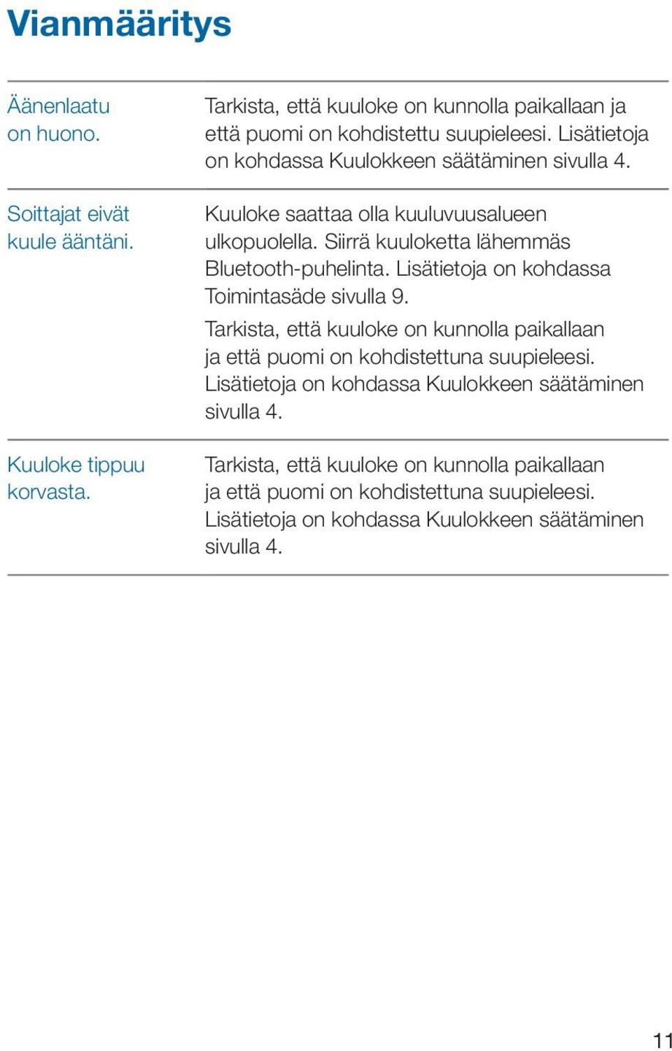 Kuuloke saattaa olla kuuluvuusalueen ulkopuolella. Siirrä kuuloketta lähemmäs Bluetooth-puhelinta. Lisätietoja on kohdassa Toimintasäde sivulla 9.