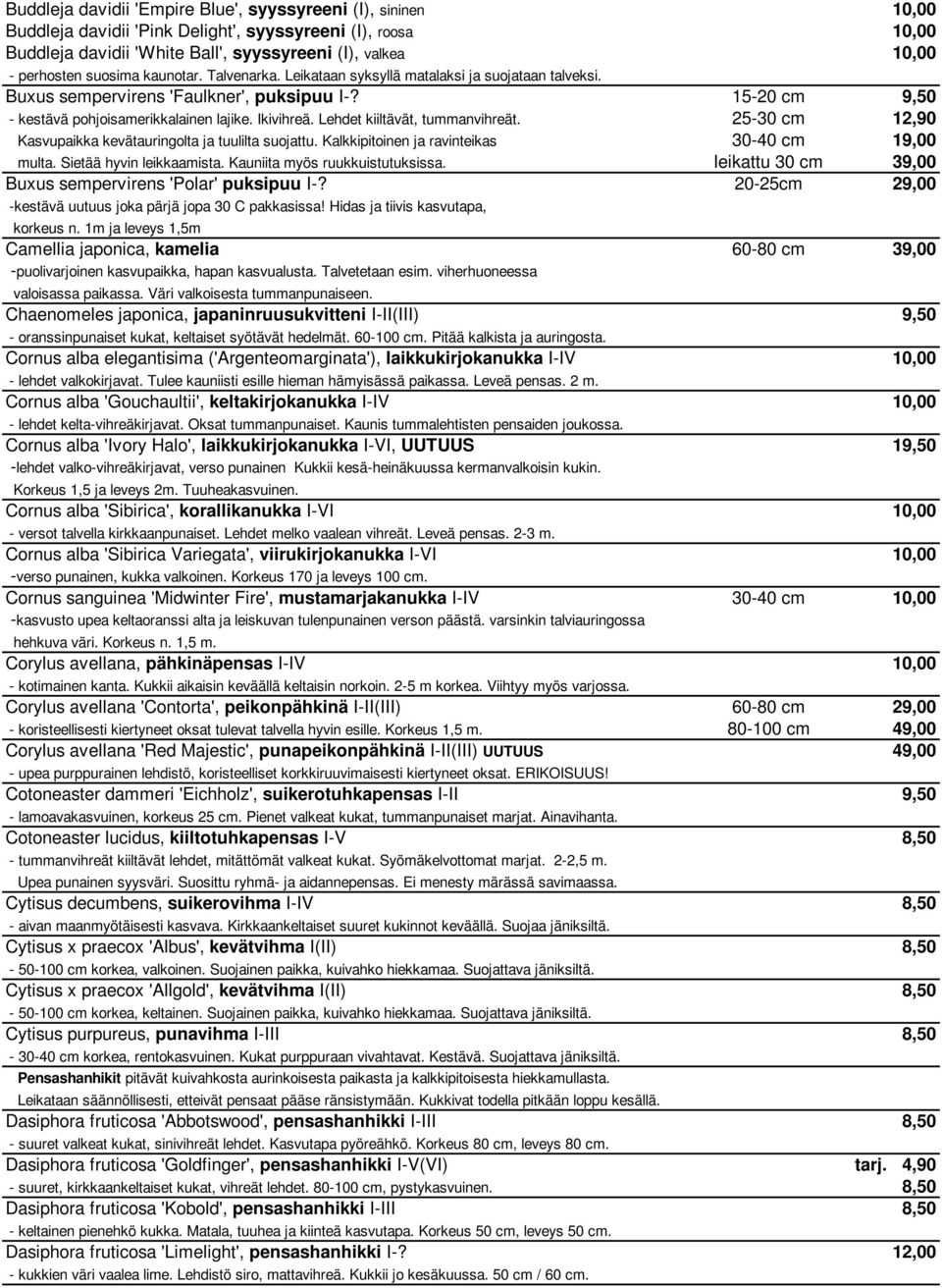 Lehdet kiiltävät, tummanvihreät. 25-30 cm 12,90 Kasvupaikka kevätauringolta ja tuulilta suojattu. Kalkkipitoinen ja ravinteikas 30-40 cm 19,00 multa. Sietää hyvin leikkaamista.