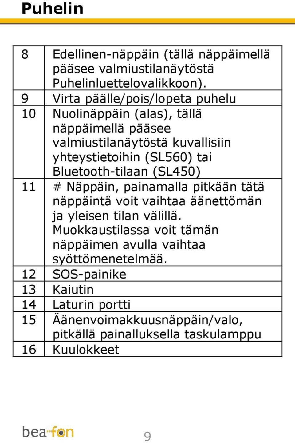 tai Bluetooth-tilaan (SL450) 11 # Näppäin, painamalla pitkään tätä näppäintä voit vaihtaa äänettömän ja yleisen tilan välillä.