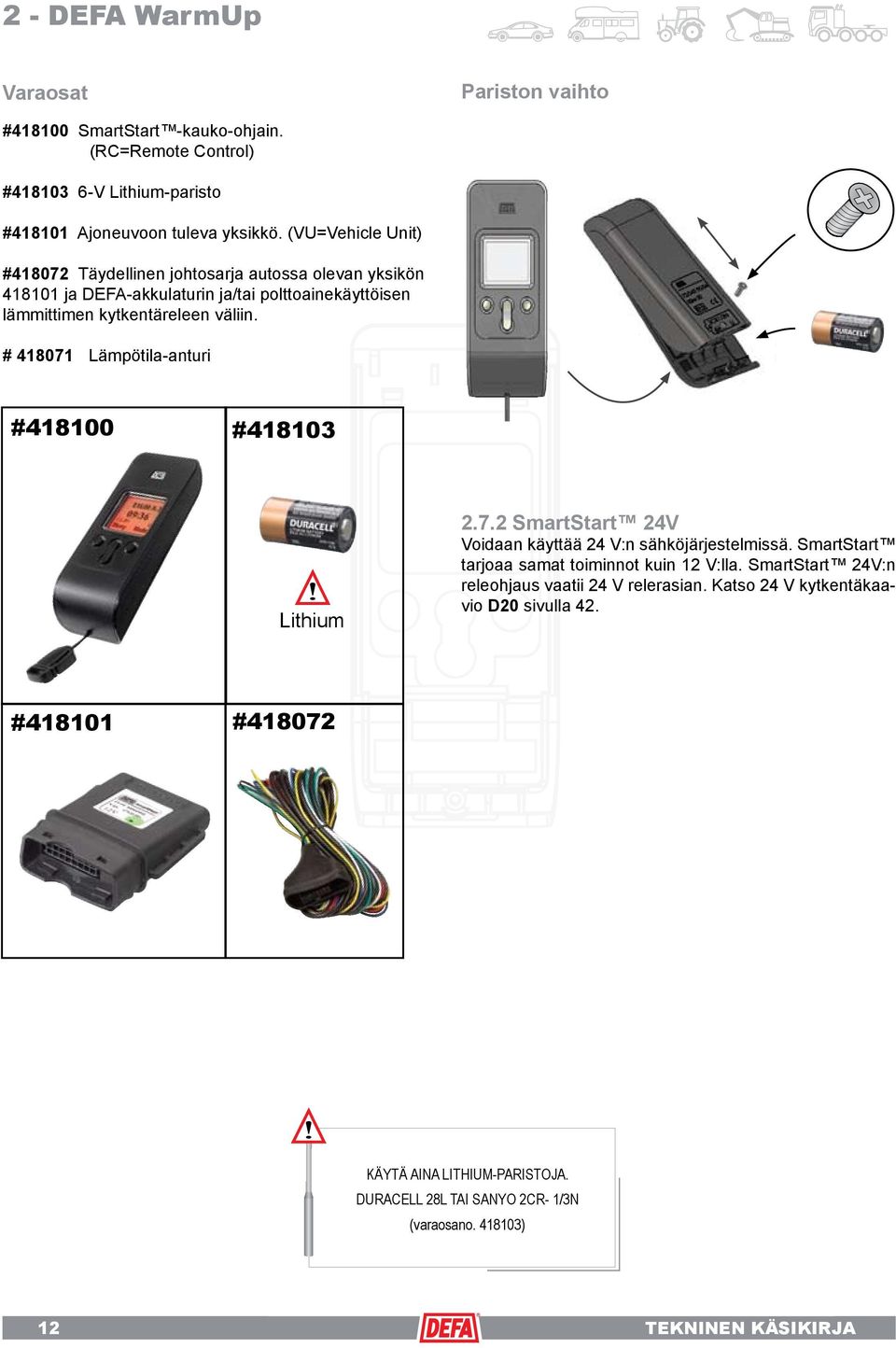 # 418071 Lämpötila-anturi #418100 #418103 Lithium 2.7.2 SmartStart 24V Voidaan käyttää 24 V:n sähköjärjestelmissä. SmartStart tarjoaa samat toiminnot kuin 12 V:lla.