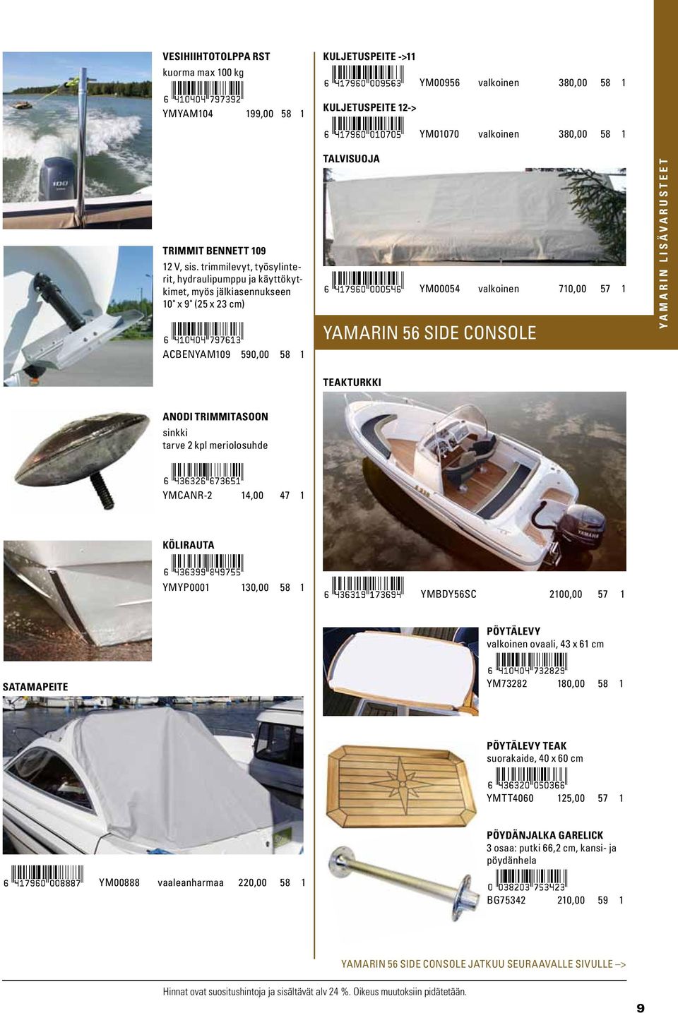56 SIDE CONSOLE Teakturkki Anodi trimmitasoon sinkki tarve 2 kpl meriolosuhde YMCANR-2 14,00 47 1 Kölirauta YMYP0001 130,00 58 1 YMBDY56SC 2100,00 57 1 Pöytälevy valkoinen ovaali, 43 x 61 cm