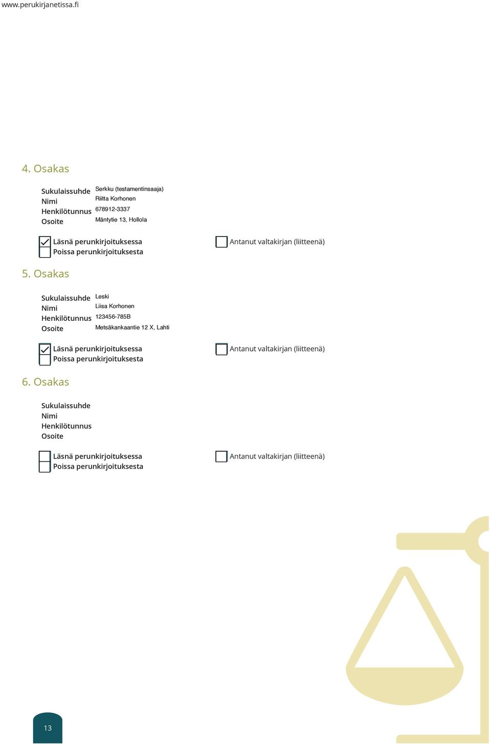 Osakas Sukulaissuhde Henkilötunnus Osoite Leski Liisa Korhonen 123456-785B Metsäkankaantie 12 X, Lahti Läsnä perunkirjoituksessa