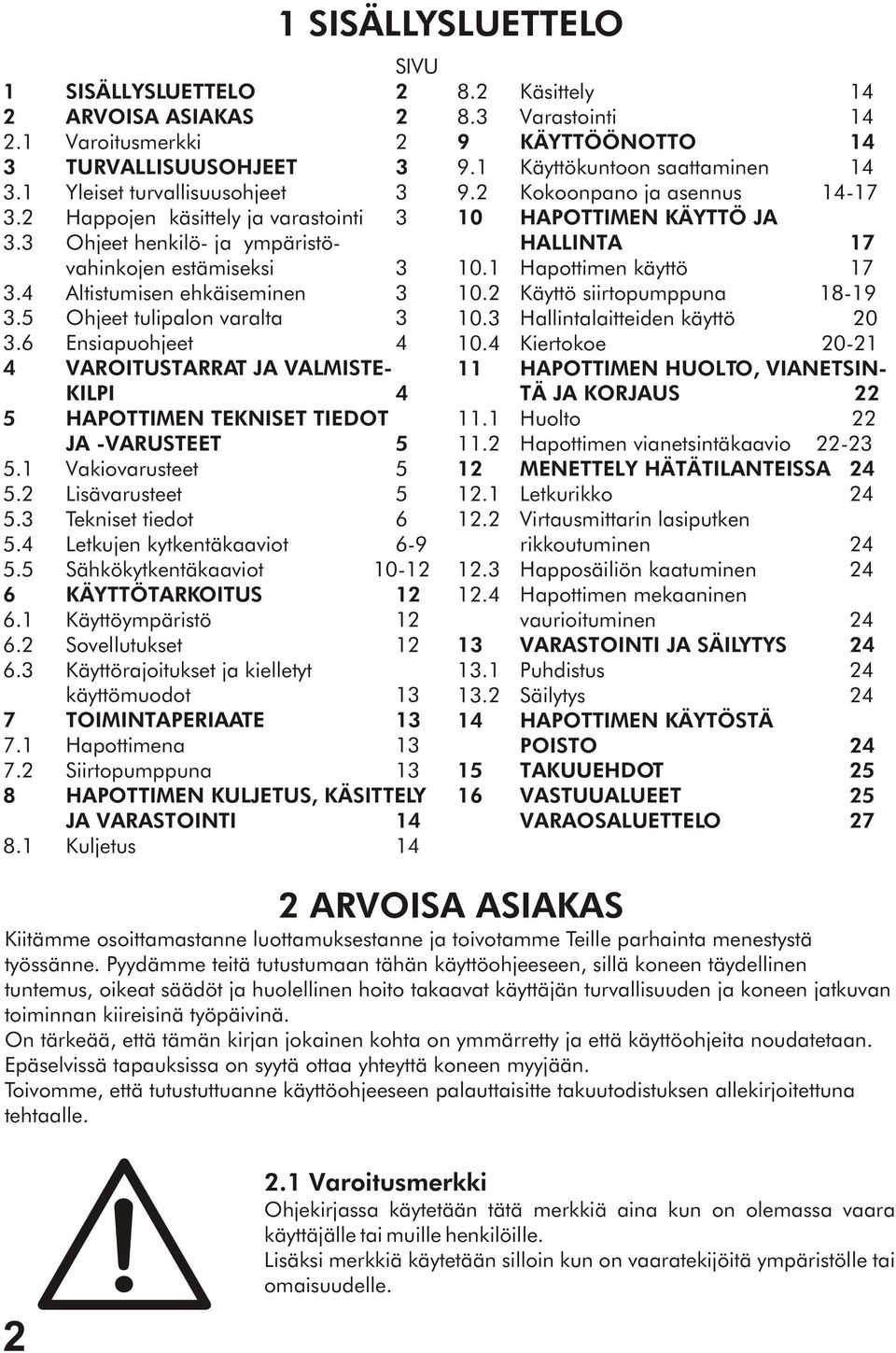 6 Ensiapuohjeet 4 4 VAROITUSTARRAT JA VALMISTE- KILPI 4 5 HAPOTTIMEN TEKNISET TIEDOT JA -VARUSTEET 5 5.1 Vakiovarusteet 5 5.2 Lisävarusteet 5 5.3 Tekniset tiedot 6 5.4 Letkujen kytkentäkaaviot 6-9 5.