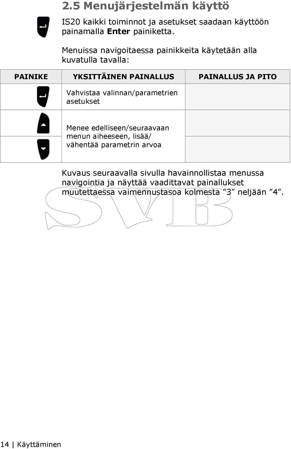 valinnan/parametrien asetukset Menee edelliseen/seuraavaan menun aiheeseen, lisää/ vähentää parametrin arvoa Kuvaus