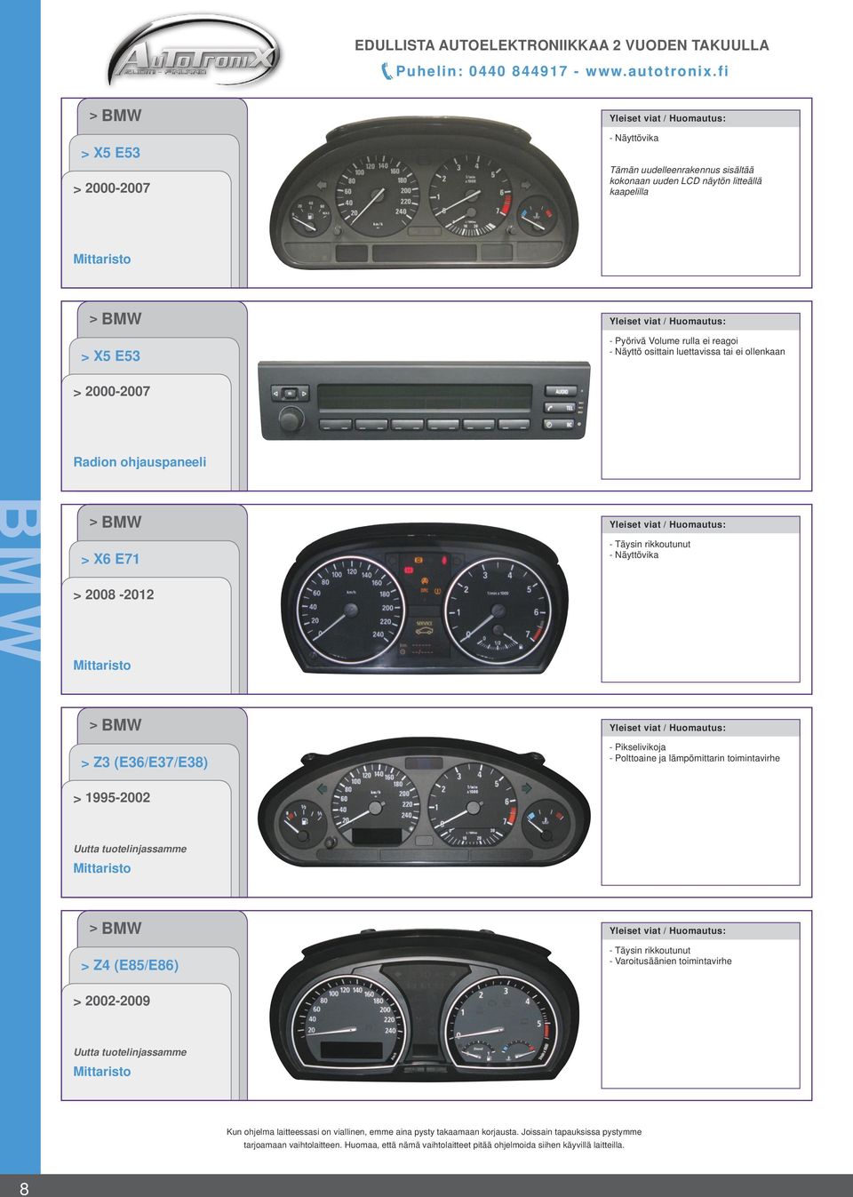 Volume rulla ei reagoi - Näyttö osittain luettavissa tai ei ollenkaan 2000-2007 Radion ohjauspaneeli BMW X6 E71 - Täysin