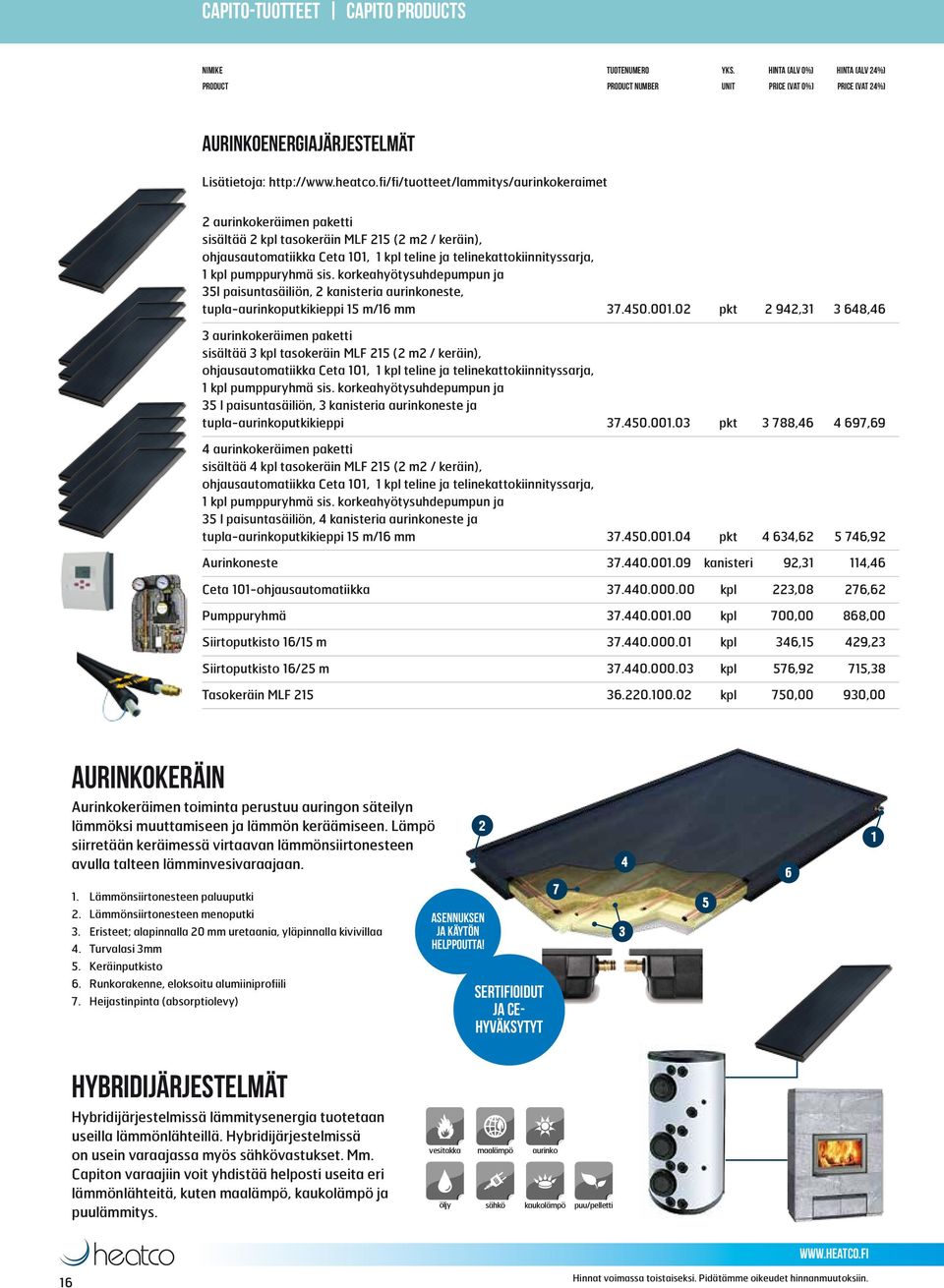 korkeahyötysuhdepumpun ja 35l paisuntasäiliön, 2 kanisteria aurinkoneste, tupla-aurinkoputkikieppi 15 m/16 mm 37.450.001.