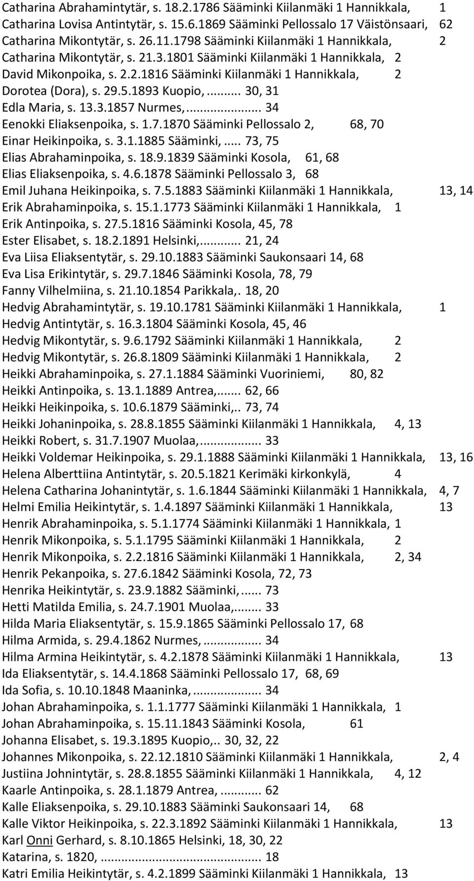 5.1893 Kuopio,... 30, 31 Edla Maria, s. 13.3.1857 Nurmes,... 34 Eenokki Eliaksenpoika, s. 1.7.1870 Sääminki Pellossalo 2, 68, 70 Einar Heikinpoika, s. 3.1.1885 Sääminki,.