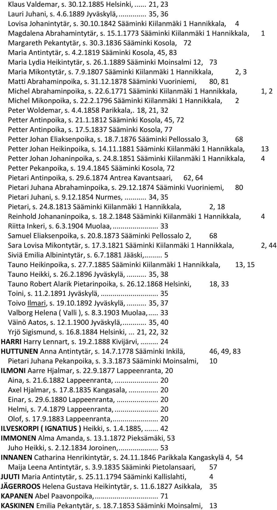 7.9.1807 Sääminki Kiilanmäki 1 Hannikkala, 2, 3 Matti Abrahaminpoika, s. 31.12.1878 Sääminki Vuoriniemi, 80, 81 Michel Abrahaminpoika, s. 22.6.