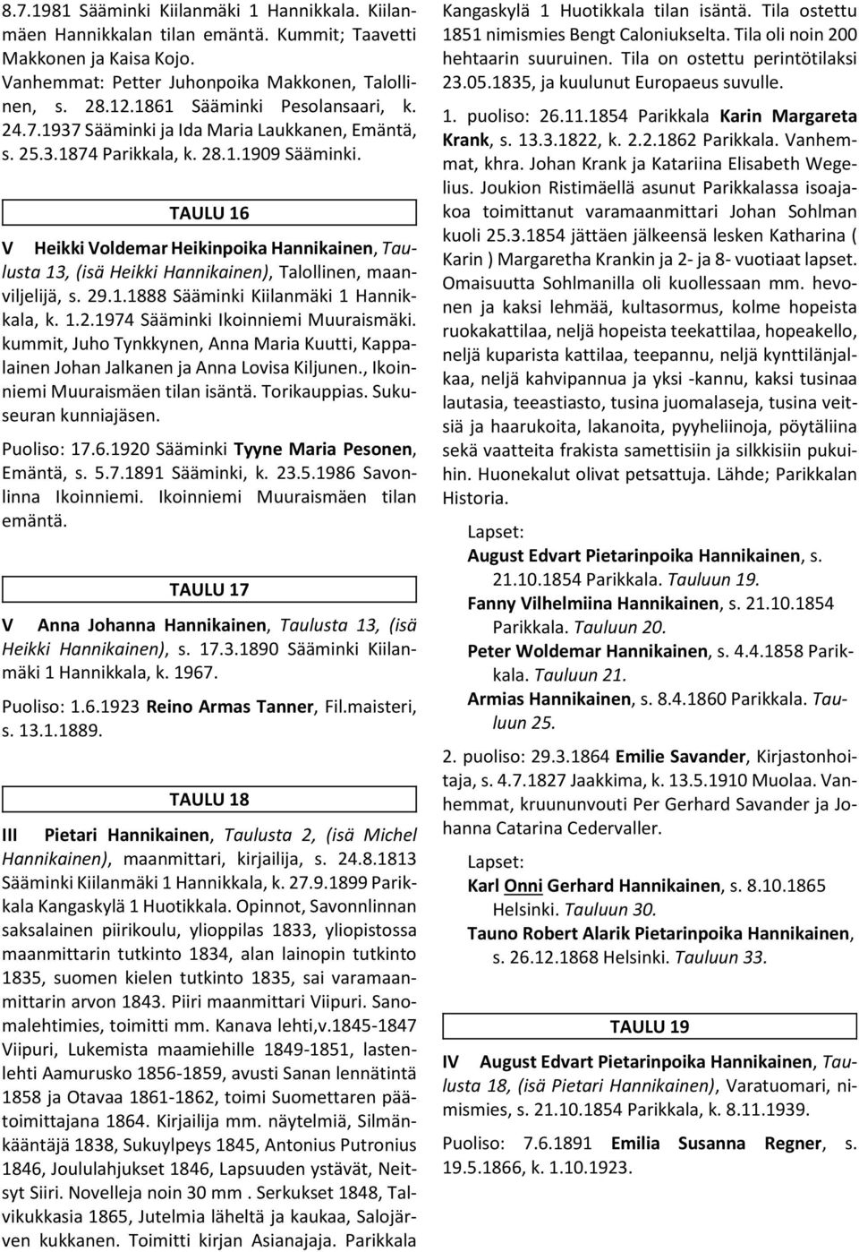 TAULU 16 V Heikki Voldemar Heikinpoika Hannikainen, Taulusta 13, (isä Heikki Hannikainen), Talollinen, maanviljelijä, s. 29.1.1888 Sääminki Kiilanmäki 1 Hannikkala, k. 1.2.1974 Sääminki Ikoinniemi Muuraismäki.