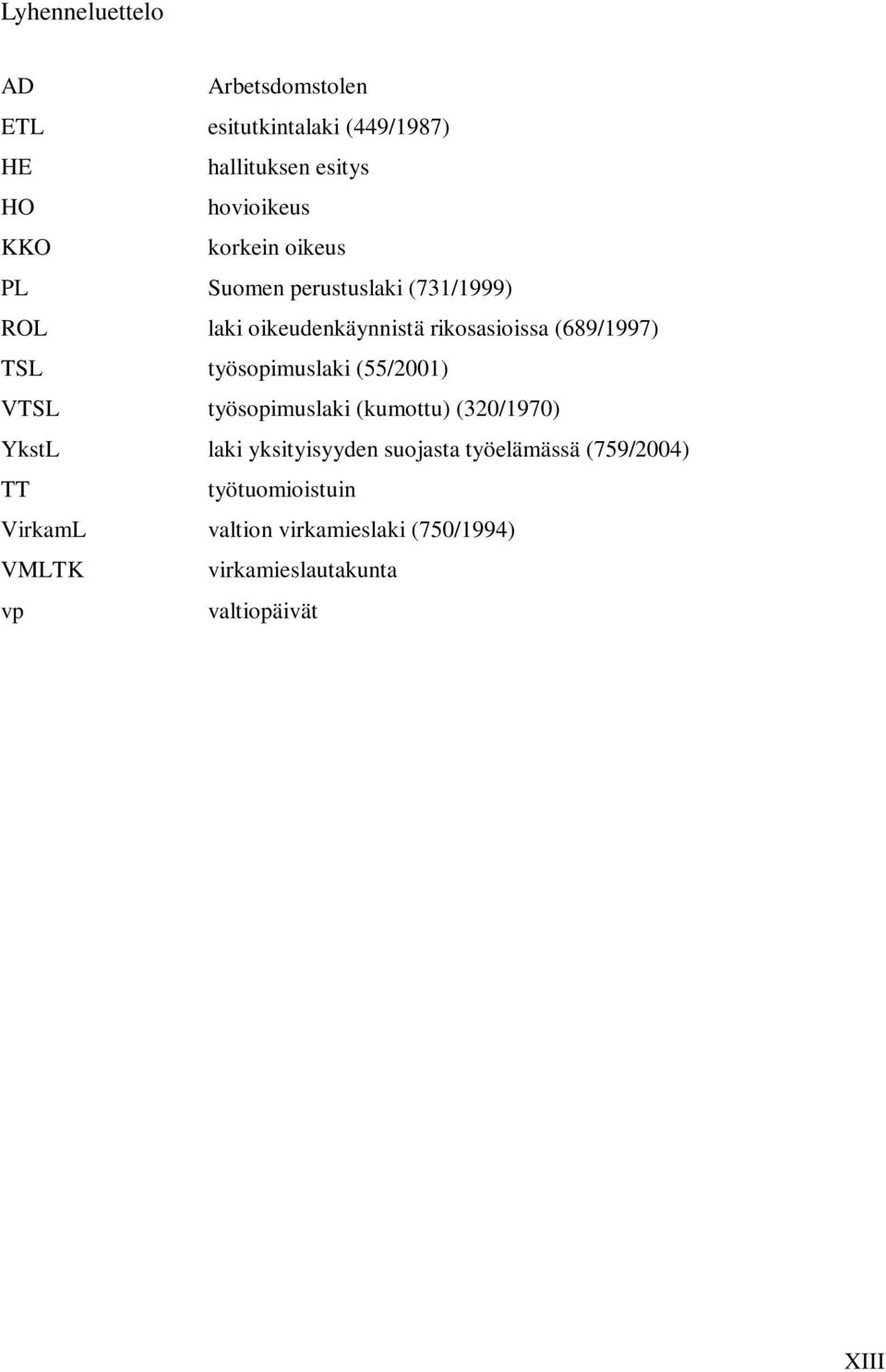 työsopimuslaki (55/2001) VTSL työsopimuslaki (kumottu) (320/1970) YkstL laki yksityisyyden suojasta