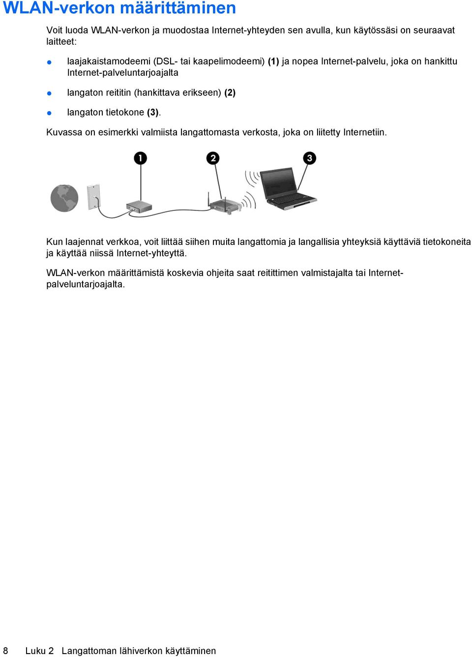 Kuvassa on esimerkki valmiista langattomasta verkosta, joka on liitetty Internetiin.