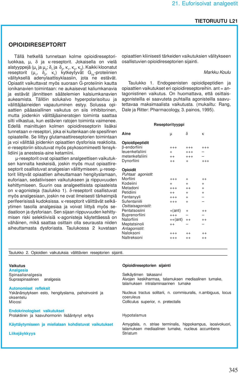 Kaikki kloonatut reseptorit (µ 1, δ 2, κ 1 ) kytkeytyvät G i/o -proteiinien välityksellä adenylaattisyklaasiin, jota ne estävät.