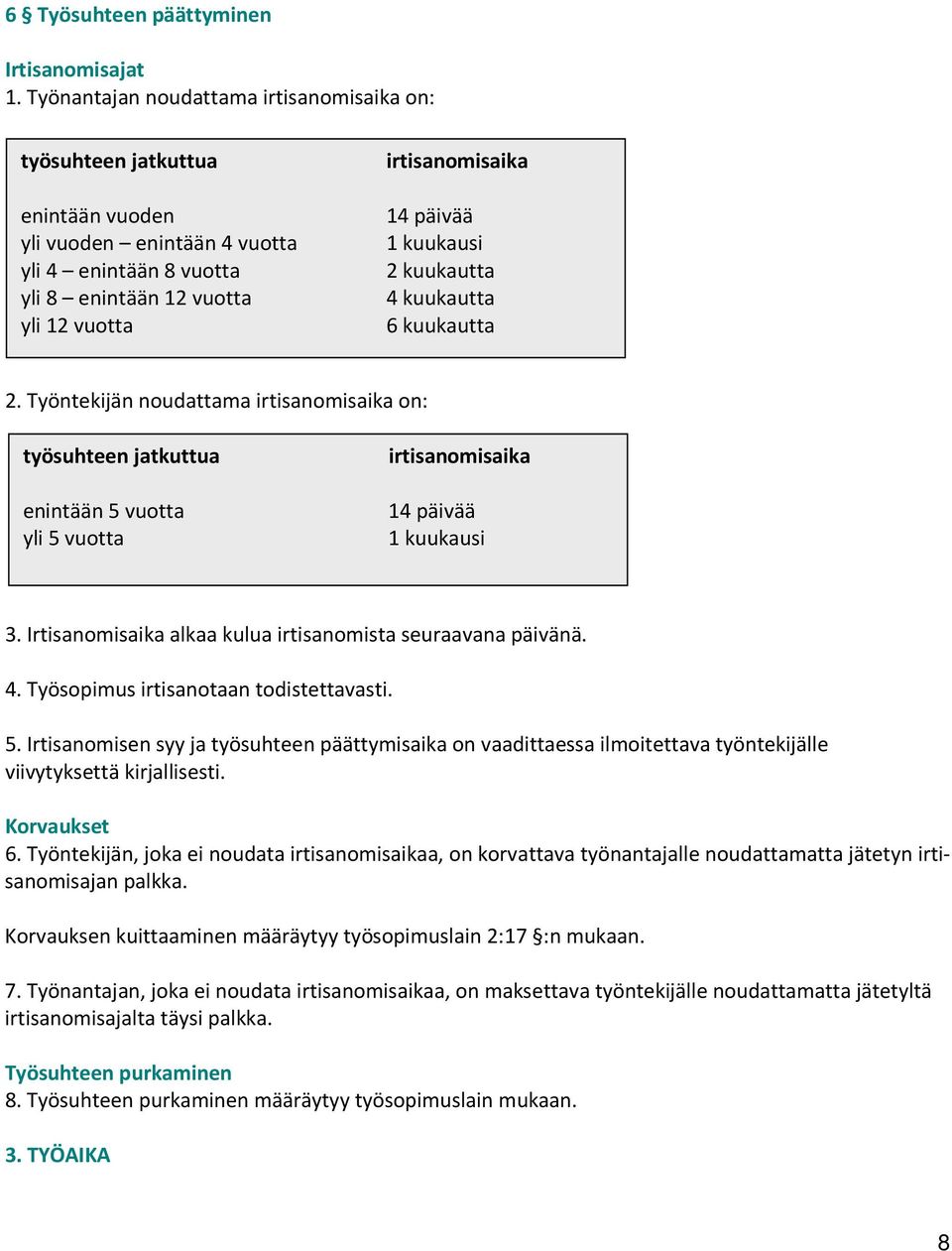 kuukausi 2 kuukautta 4 kuukautta 6 kuukautta 2. Työntekijän noudattama irtisanomisaika on: työsuhteen jatkuttua enintään 5 vuotta yli 5 vuotta irtisanomisaika 14 päivää 1 kuukausi 3.