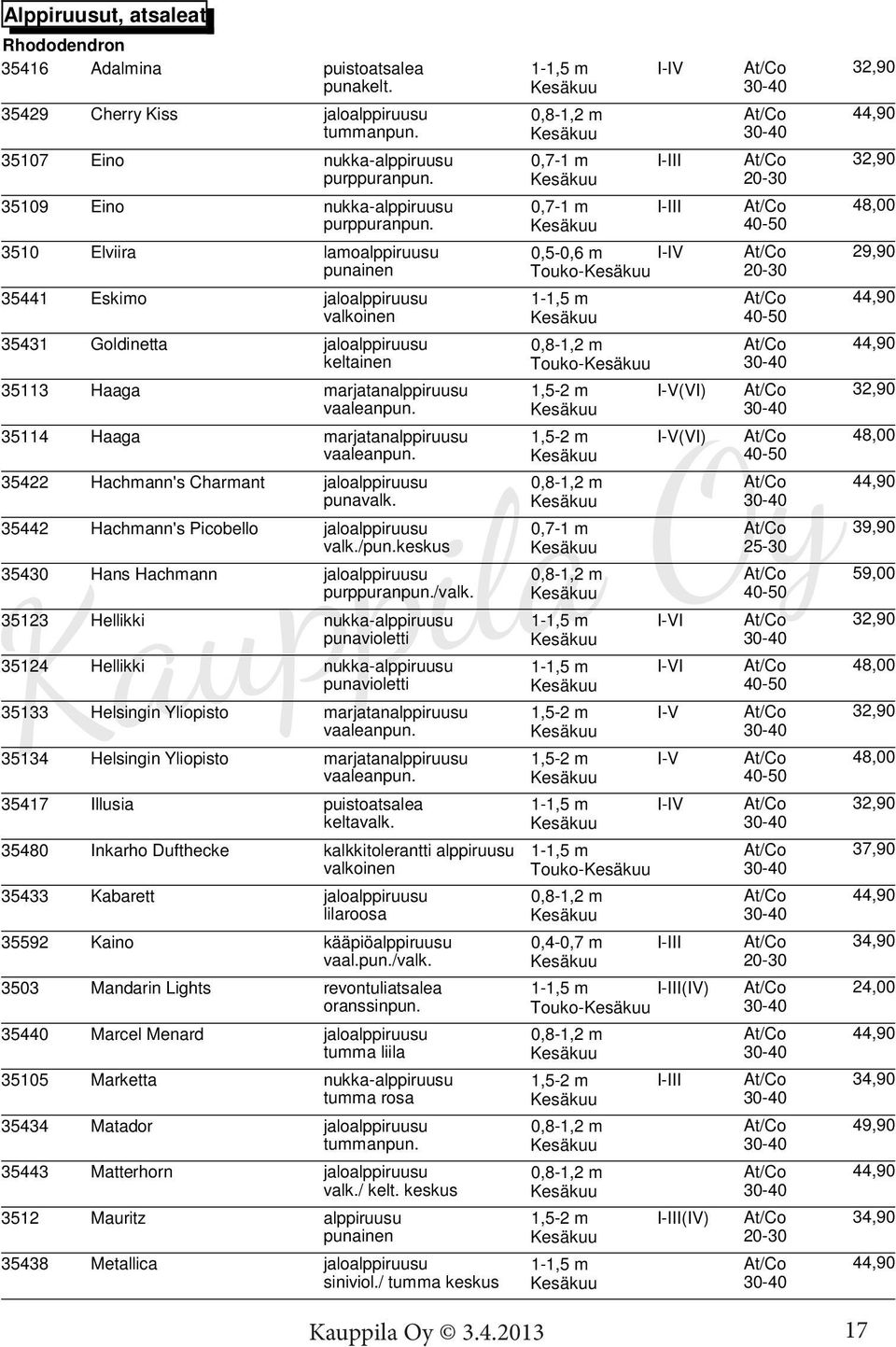 40-50 3510 Elviira lamoalppiruusu 0,5-0,6 m I-IV At/Co 29,90 punainen Touko- 20-30 35441 Eskimo jaloalppiruusu 1-1,5 m At/Co 44,90 valkoinen 40-50 35431 Goldinetta jaloalppiruusu 0,8-1,2 m At/Co